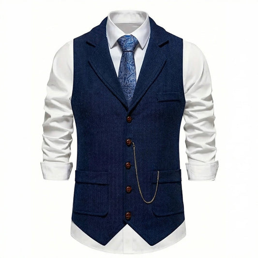 Men's Midnight Navy herringbone tweed waistcoat front view