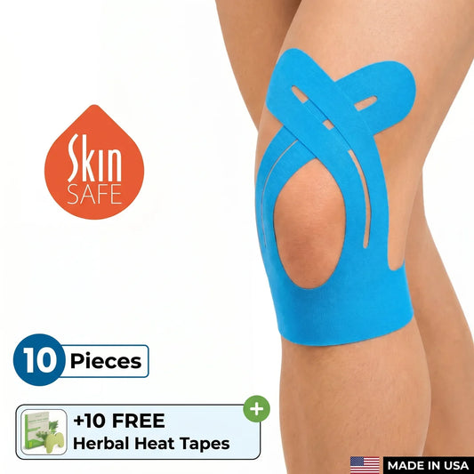 Blue pre-cut knee kinesiology tape applied on knee joint