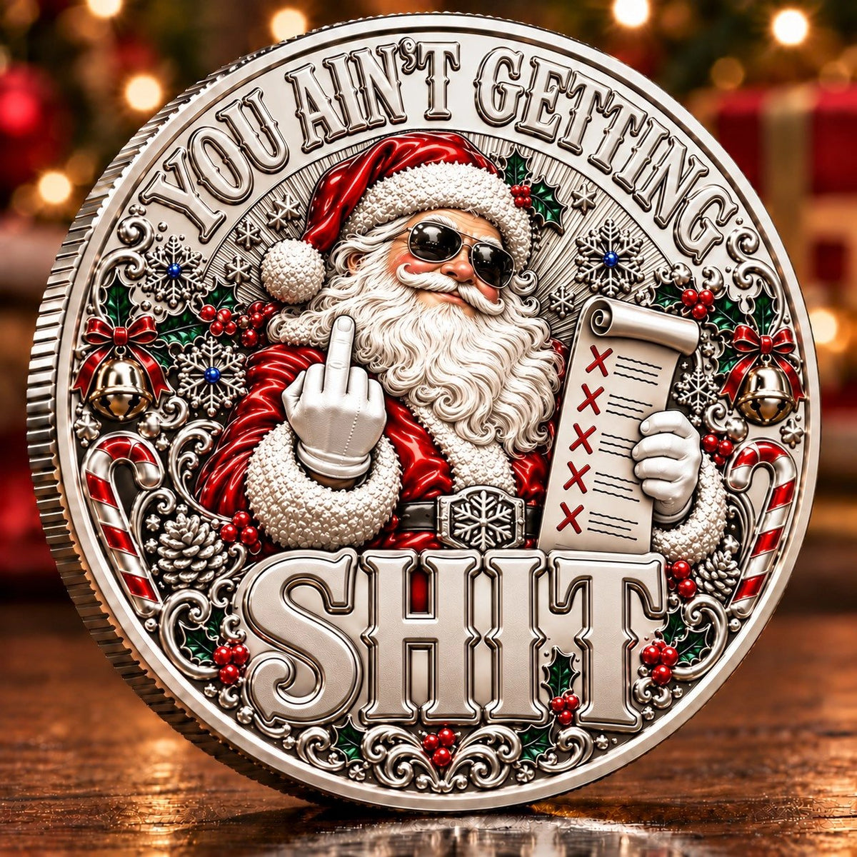Adult humor Christmas commemorative coin with Santa and a raised middle finger