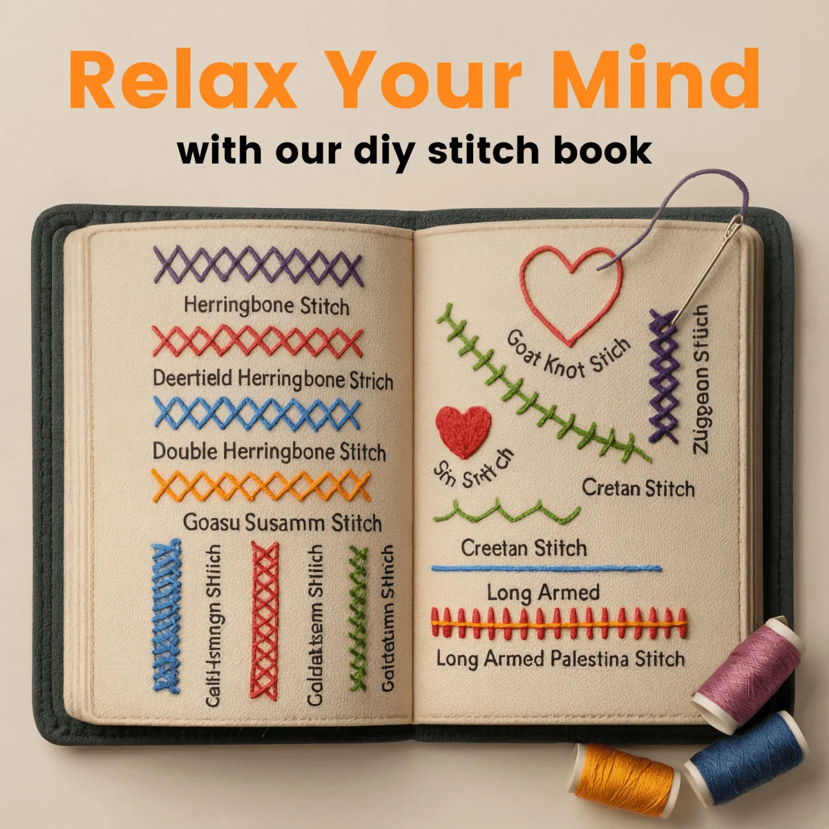 DIY embroidery stitch book with colorful stitch samples on fabric pages
