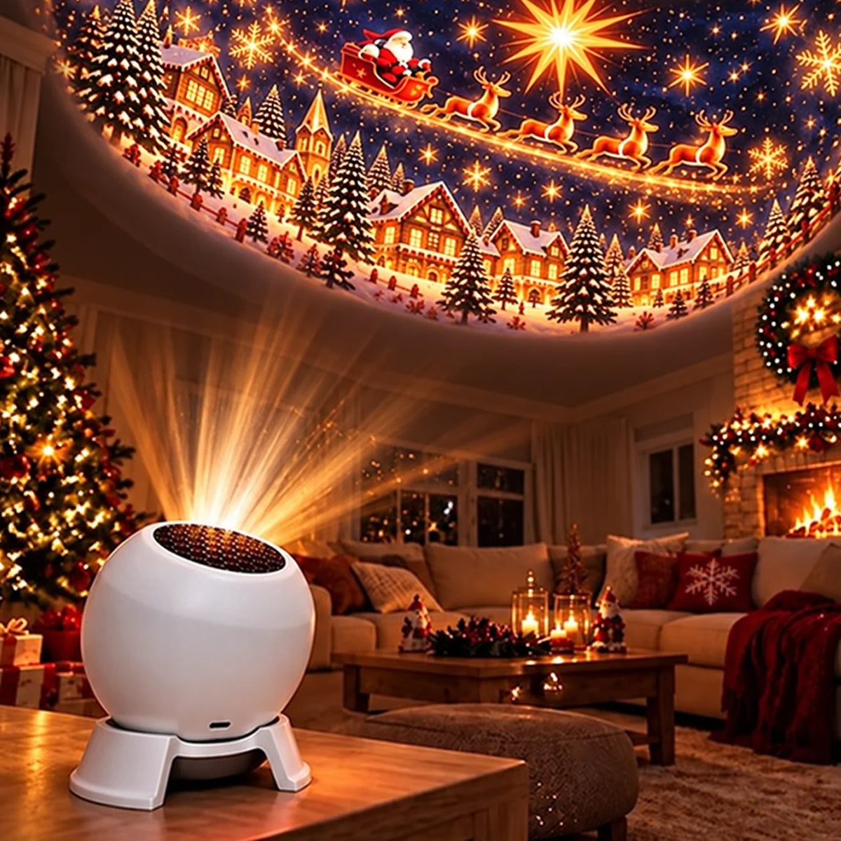 White Christmas projection night light with festive ceiling scenery