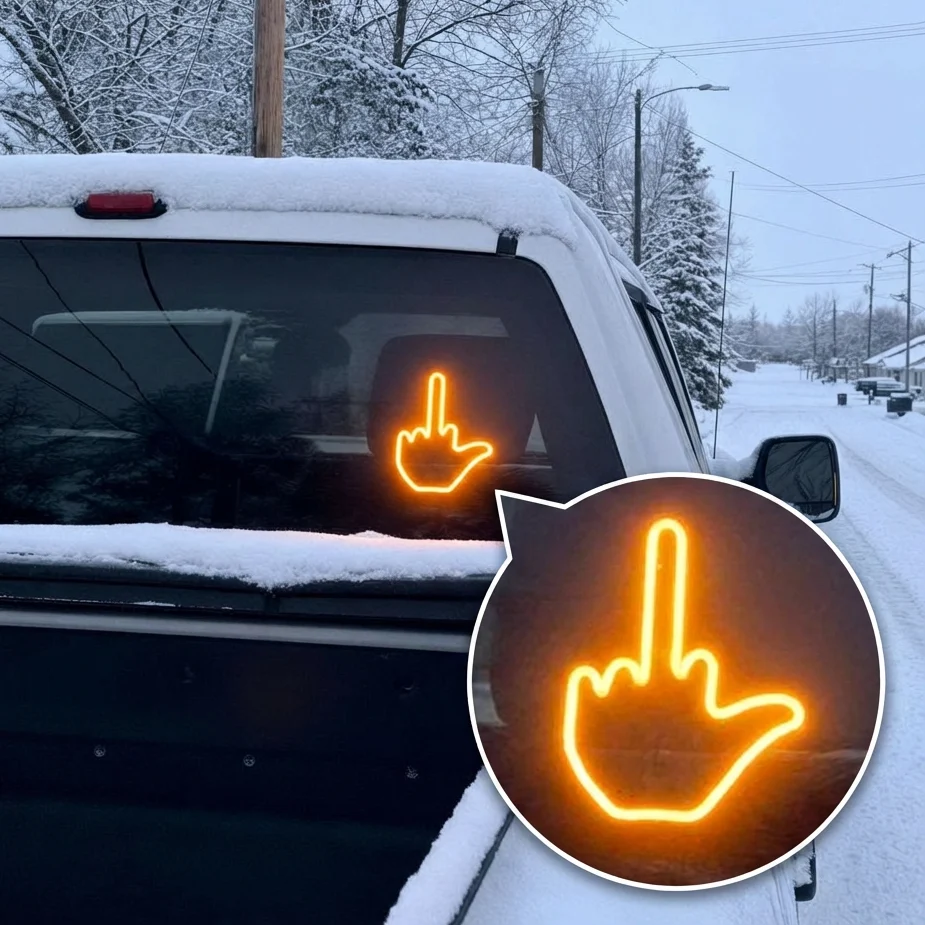GestuGlow LED car gesture light on truck rear window in snow