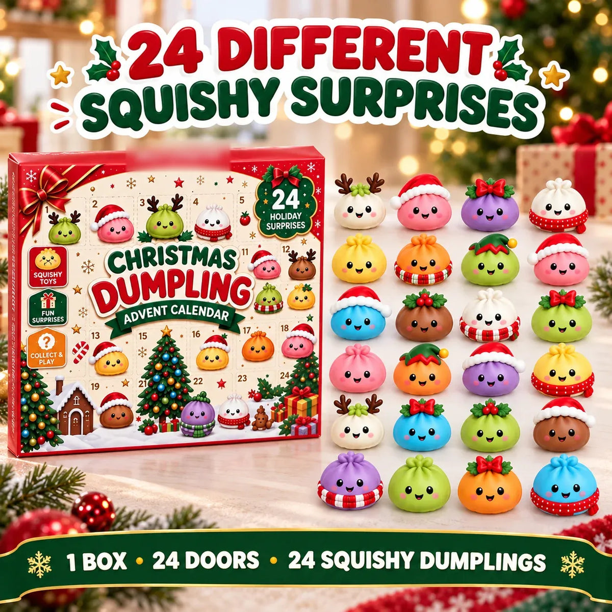 Christmas dumpling squishy advent calendar with 24 holiday squishies