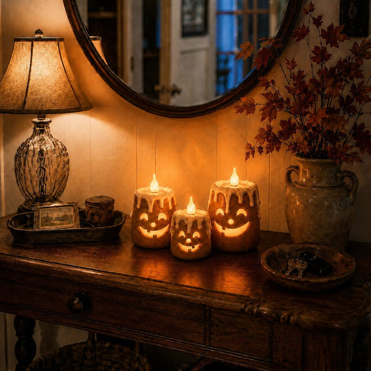 3-piece cozy lighted pumpkin candle set on wooden mantel with warm fall glow