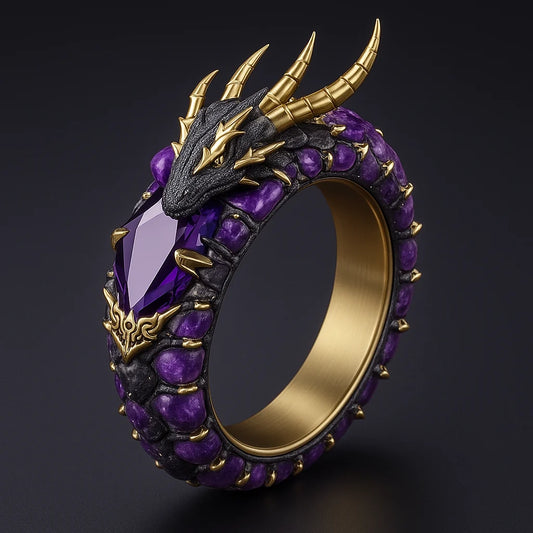 Purple Dragon Gold Ring with amethyst crystal centerpiece and coiled dragon band