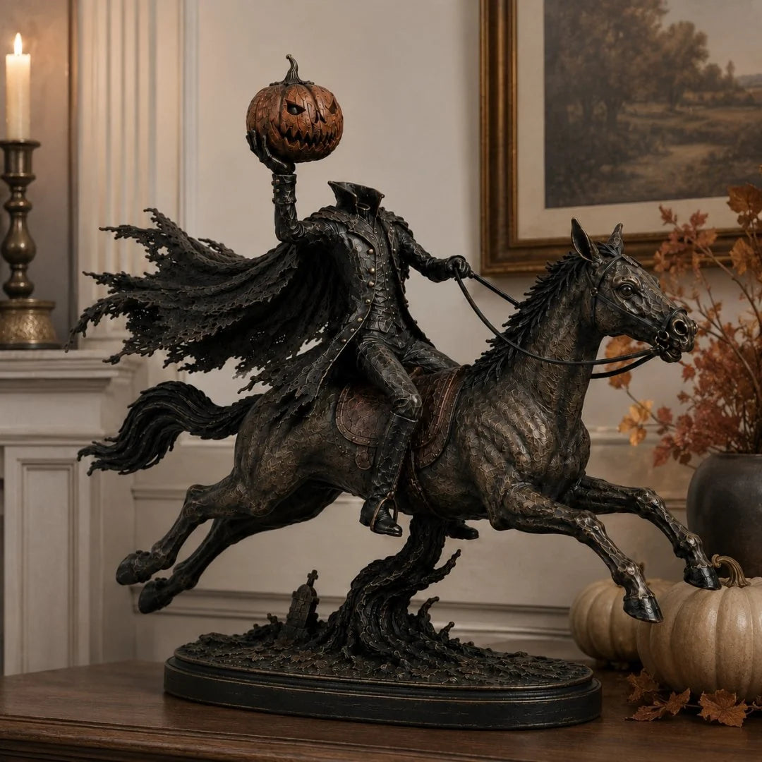 Headless Horseman Halloween statue with glowing jack-o-lantern on fireplace mantel