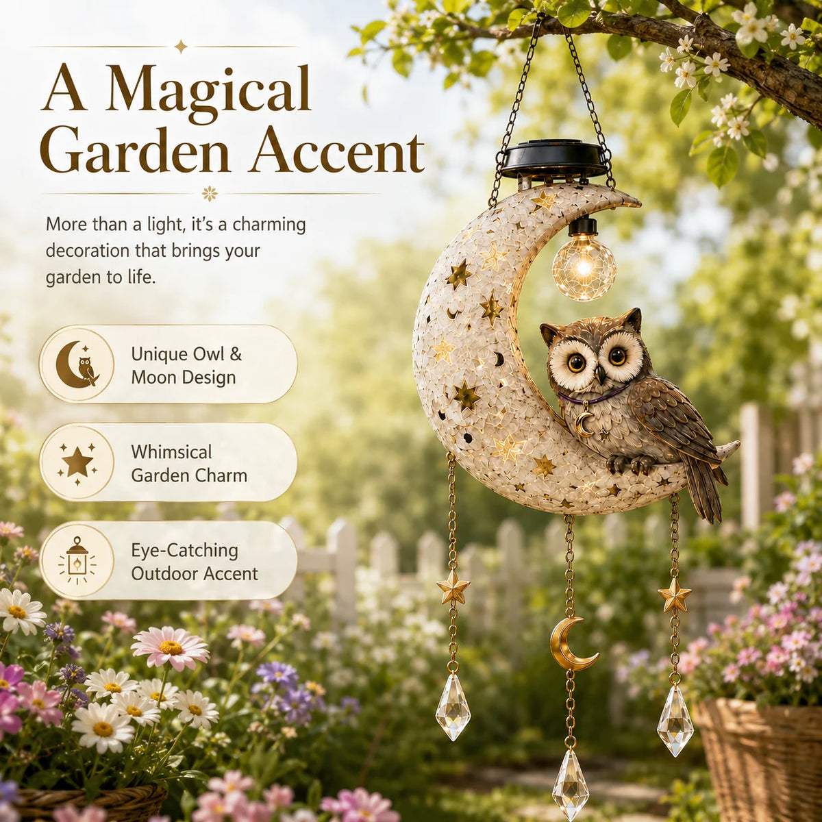 Solar owl moon garden light in flower bed daytime view
