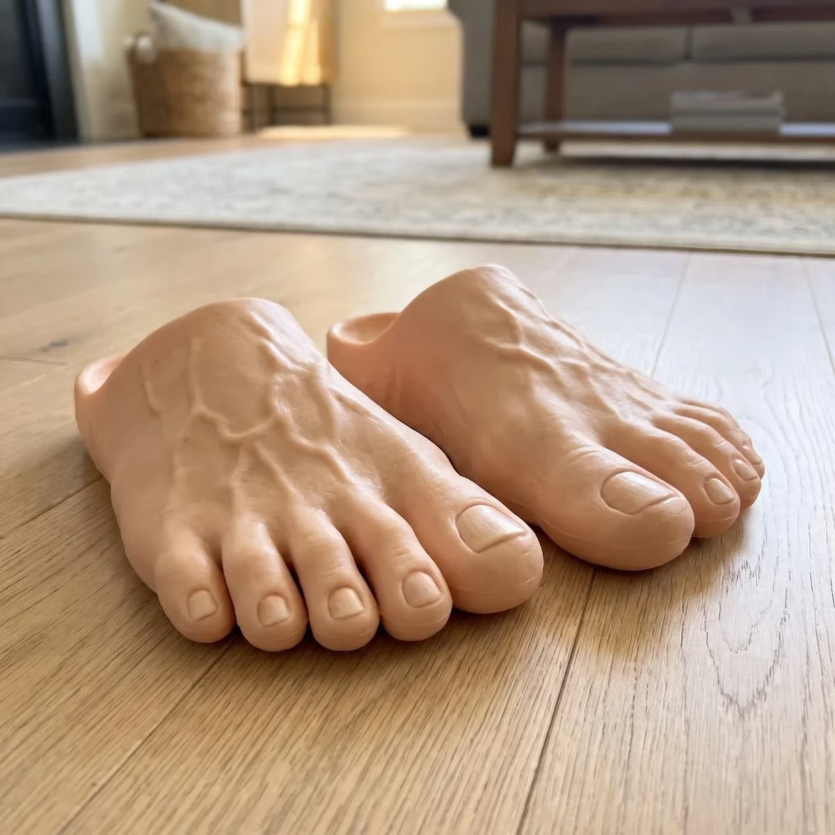 Natural barefoot prank slippers with sculpted toes and vein details