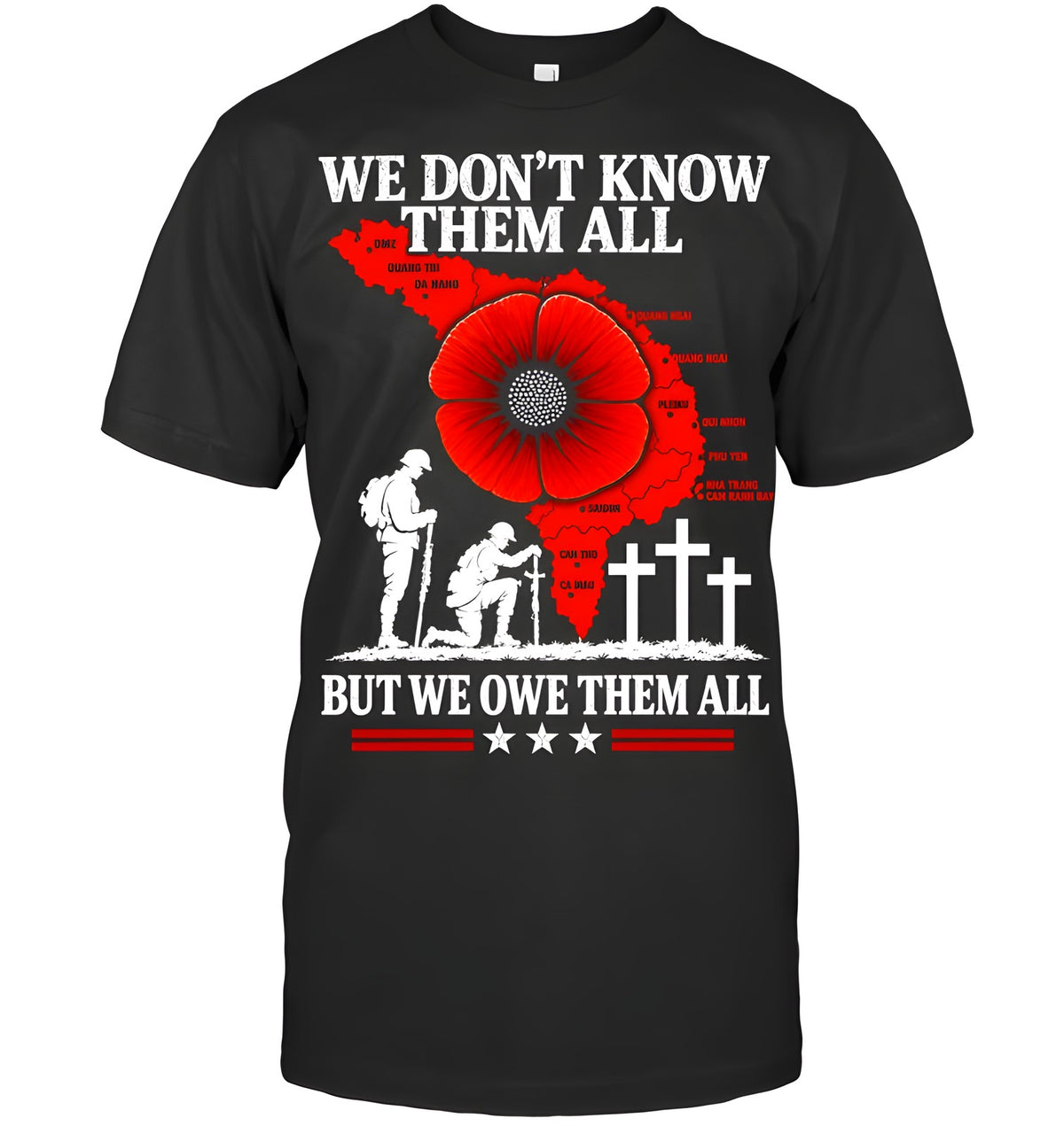 Black unisex remembrance T-shirt with red poppy and military tribute artwork