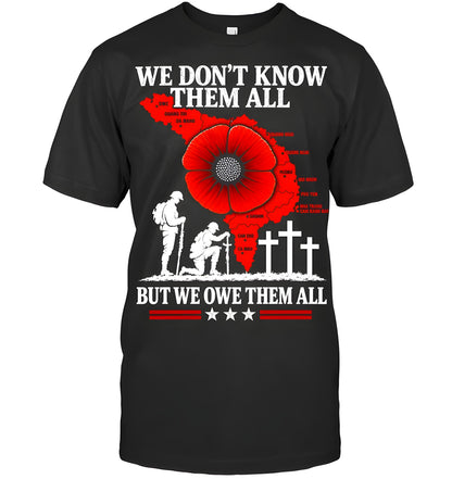 Black unisex remembrance T-shirt with red poppy and military tribute artwork