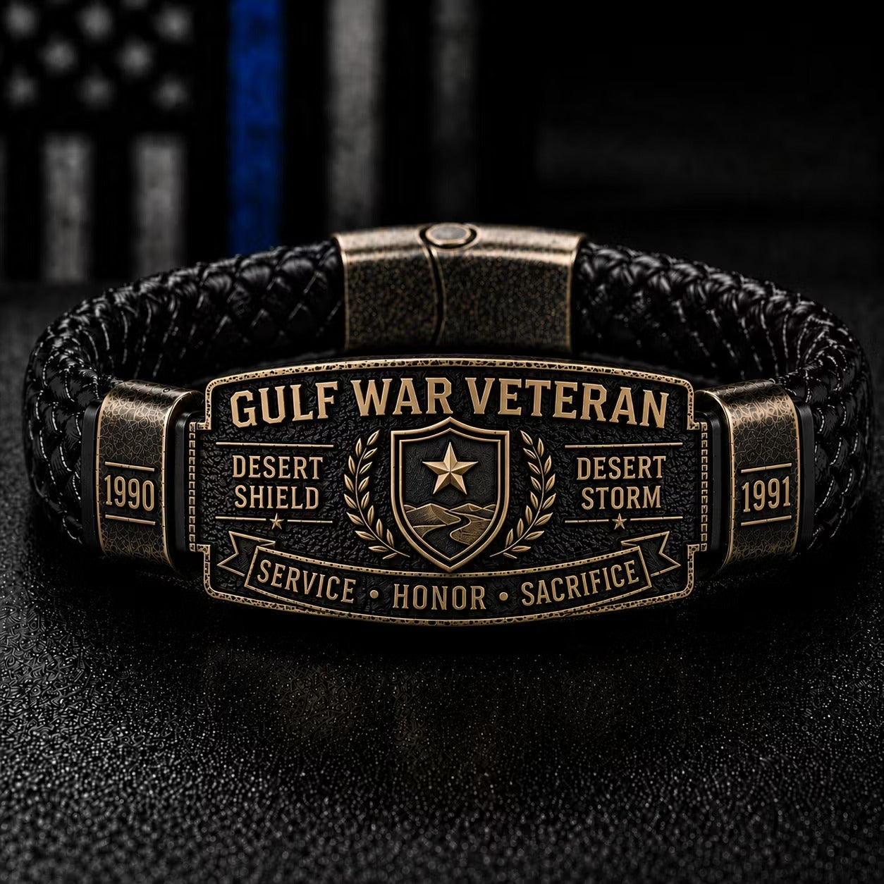 Gulf War Veteran Honor Bracelet with engraved Desert Shield and Desert Storm centerpiece