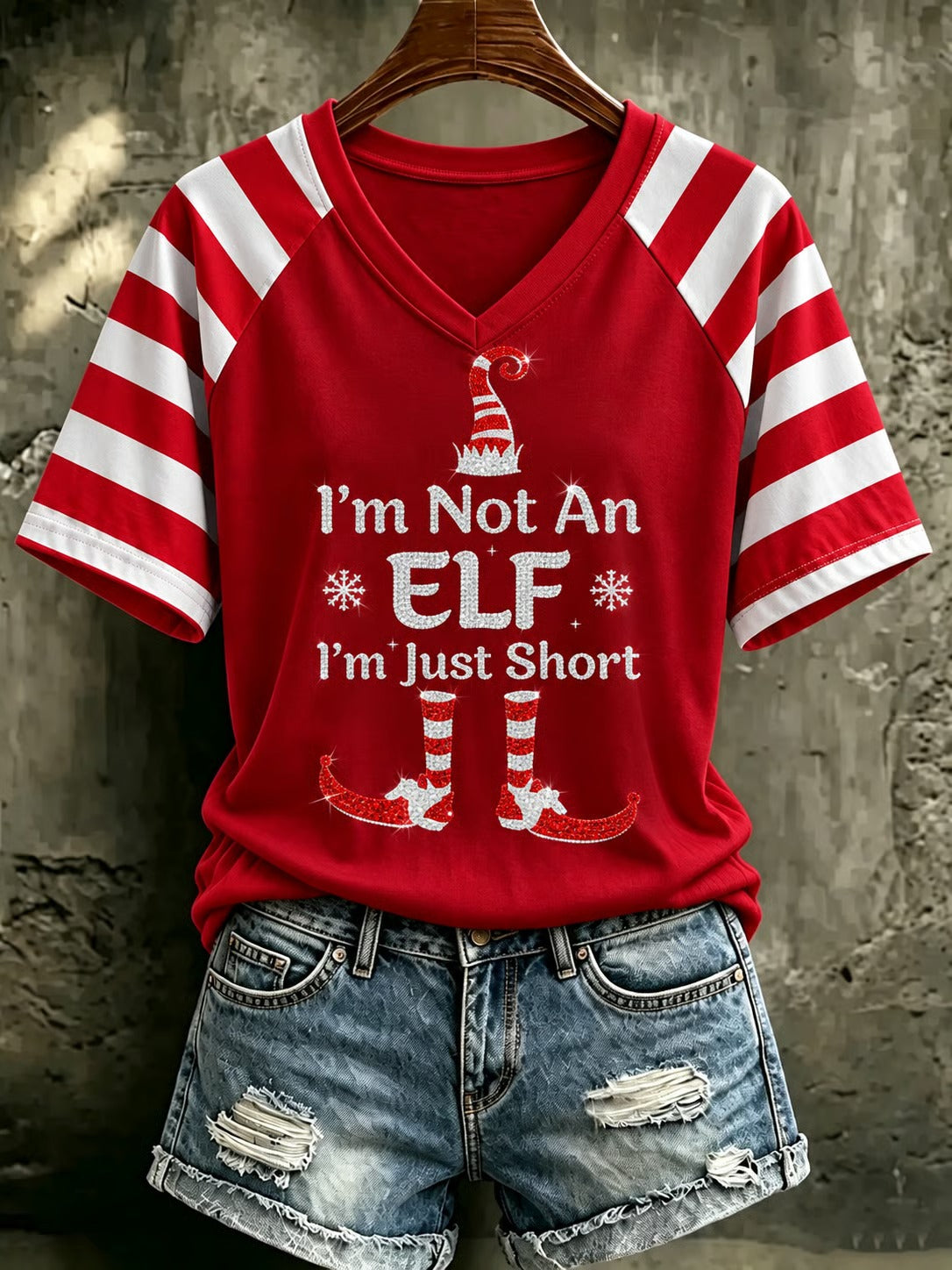 Women's red Christmas elf graphic V neck T-shirt with red and white striped short sleeves