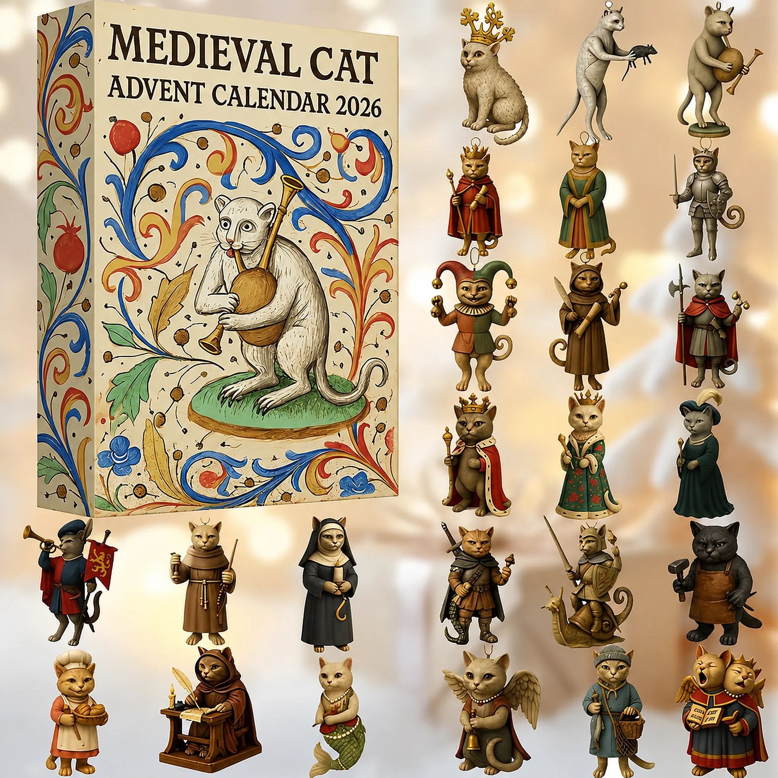 Medieval Cat Advent Calendar 2026 box with all 24 acrylic cat ornaments displayed