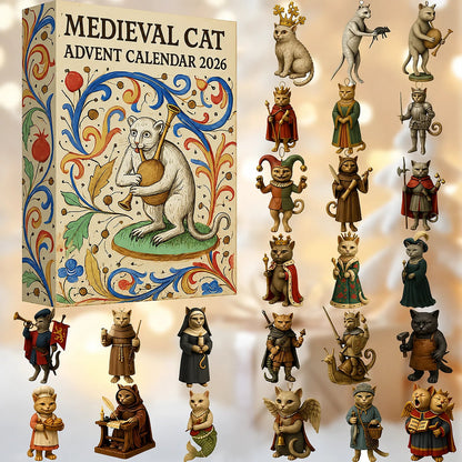 Medieval Cat Advent Calendar 2026 box with all 24 acrylic cat ornaments displayed