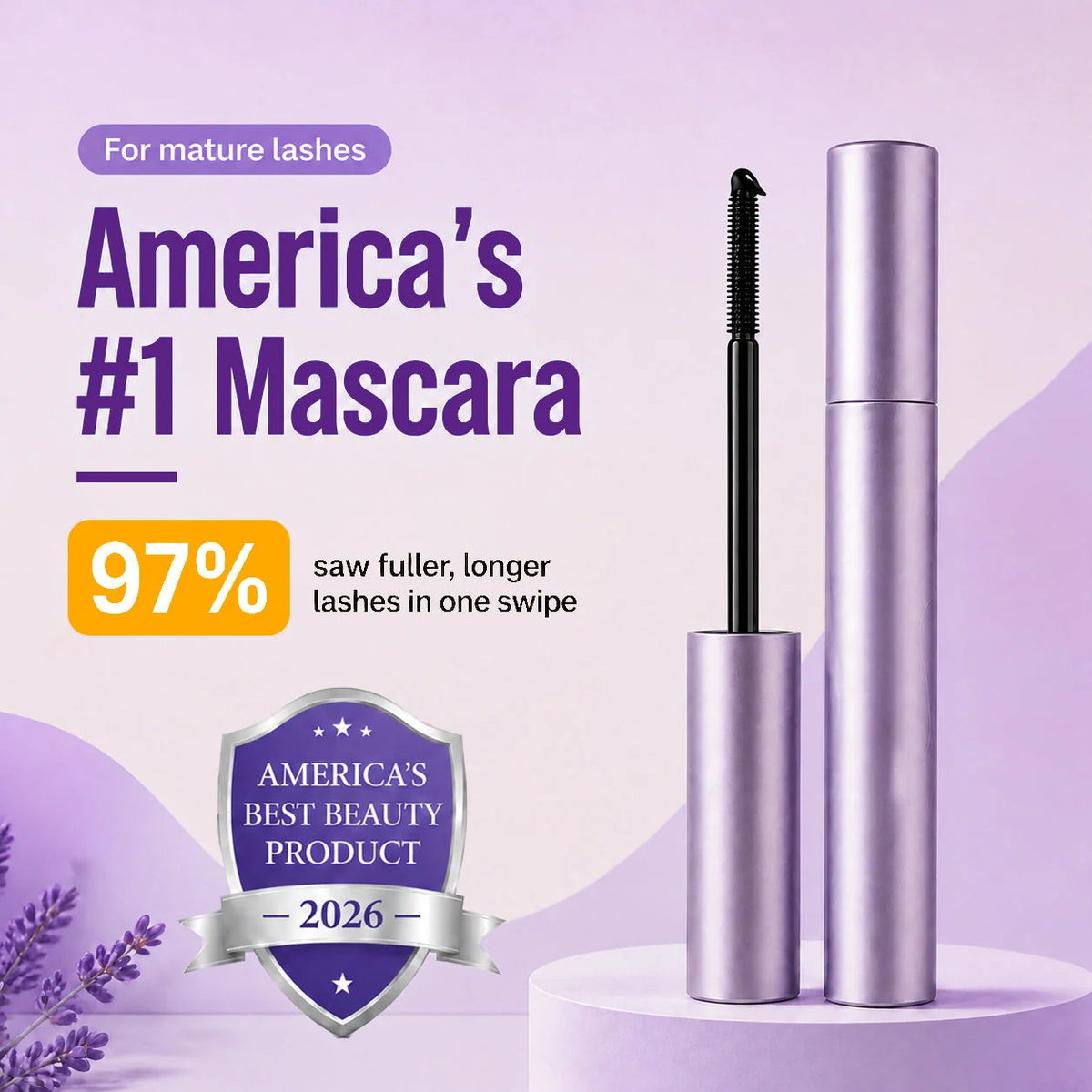 Tubing mascara for mature lashes with purple tube and precision wand