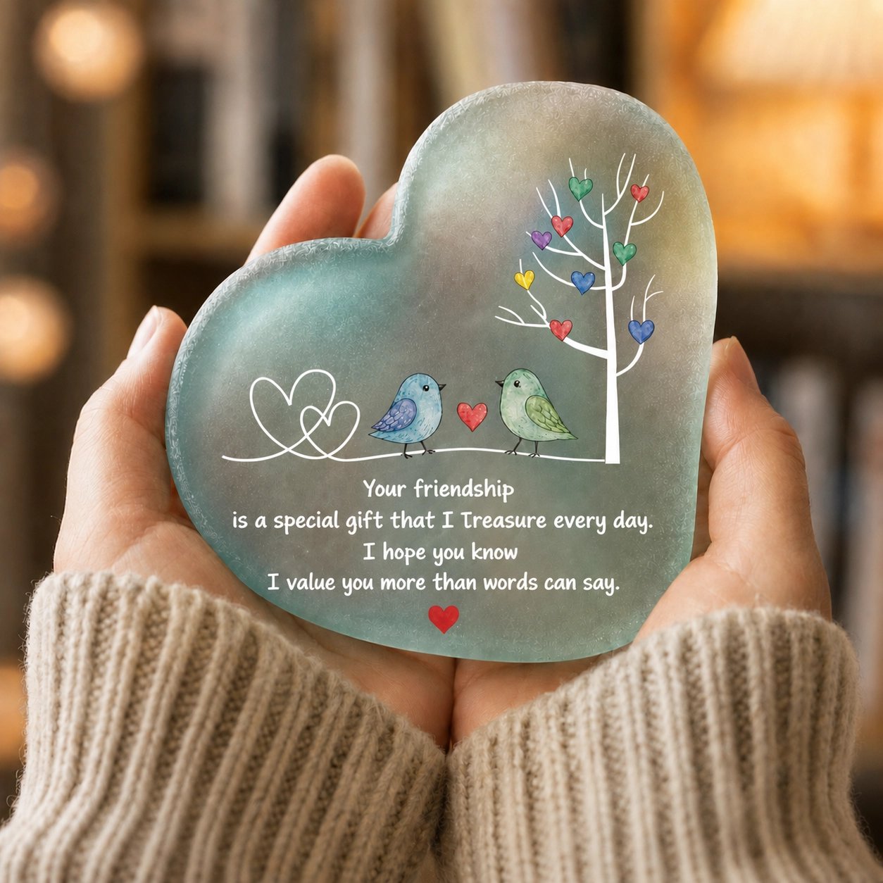 Heartfelt friendship sea glass keepsake plaque held in hands