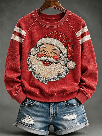 Red women's Santa print Christmas sweatshirt with striped sleeves
