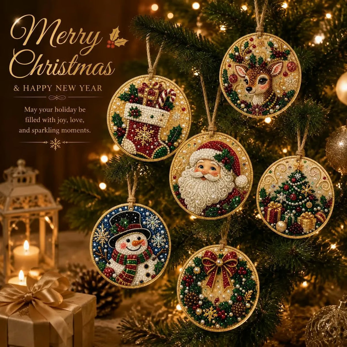 Christmas diamond painting ornament set with stocking, reindeer and Santa