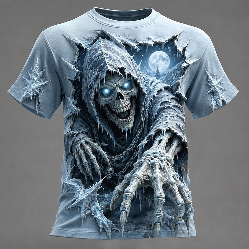 Blue men's Halloween skull T-shirt with hooded grim reaper print