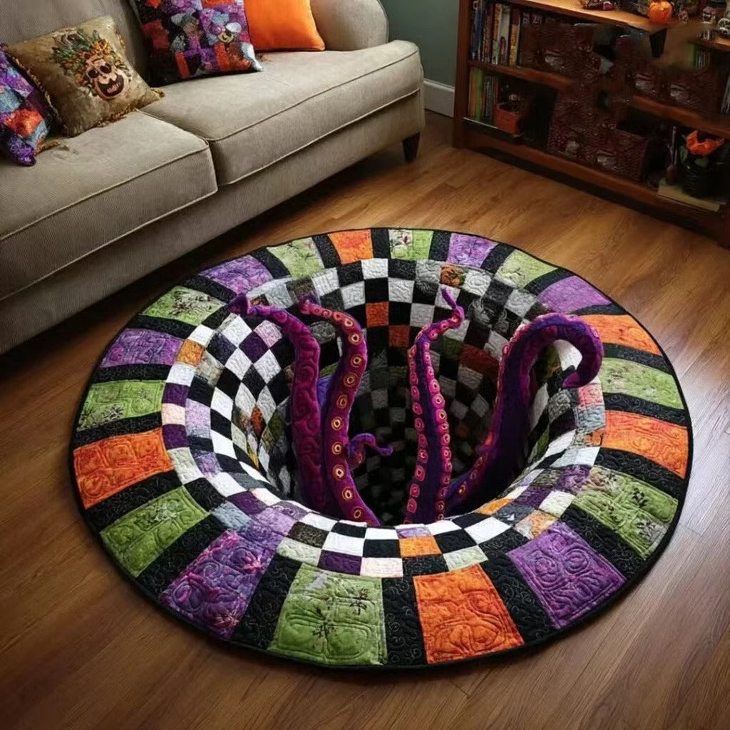 Halloween vortex rug with 3D deep-sea octopus tentacles rising from the pit