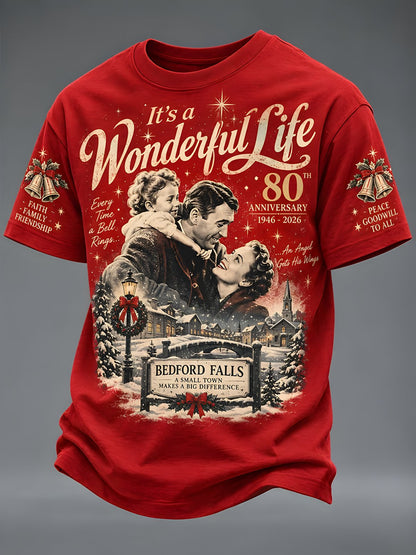 Red It's a Wonderful Life Christmas graphic T-shirt with Bedford Falls artwork and bell sleeve prints