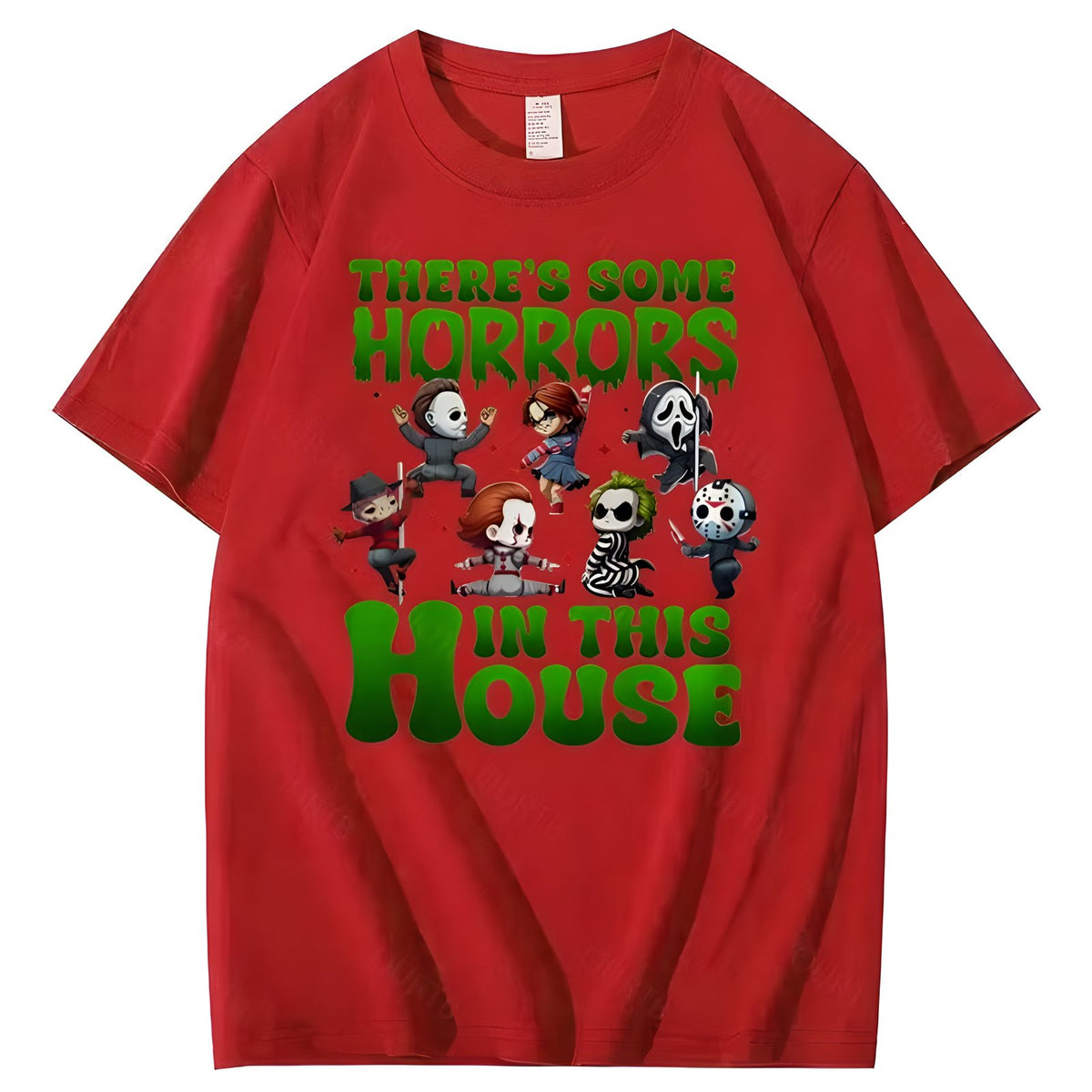 Red Halloween horror character graphic cotton T-shirt, front view