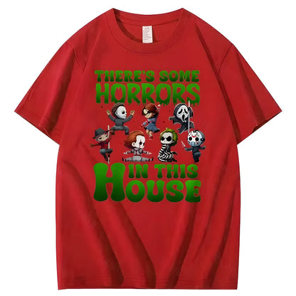 Red Halloween horror character graphic cotton T-shirt, front view