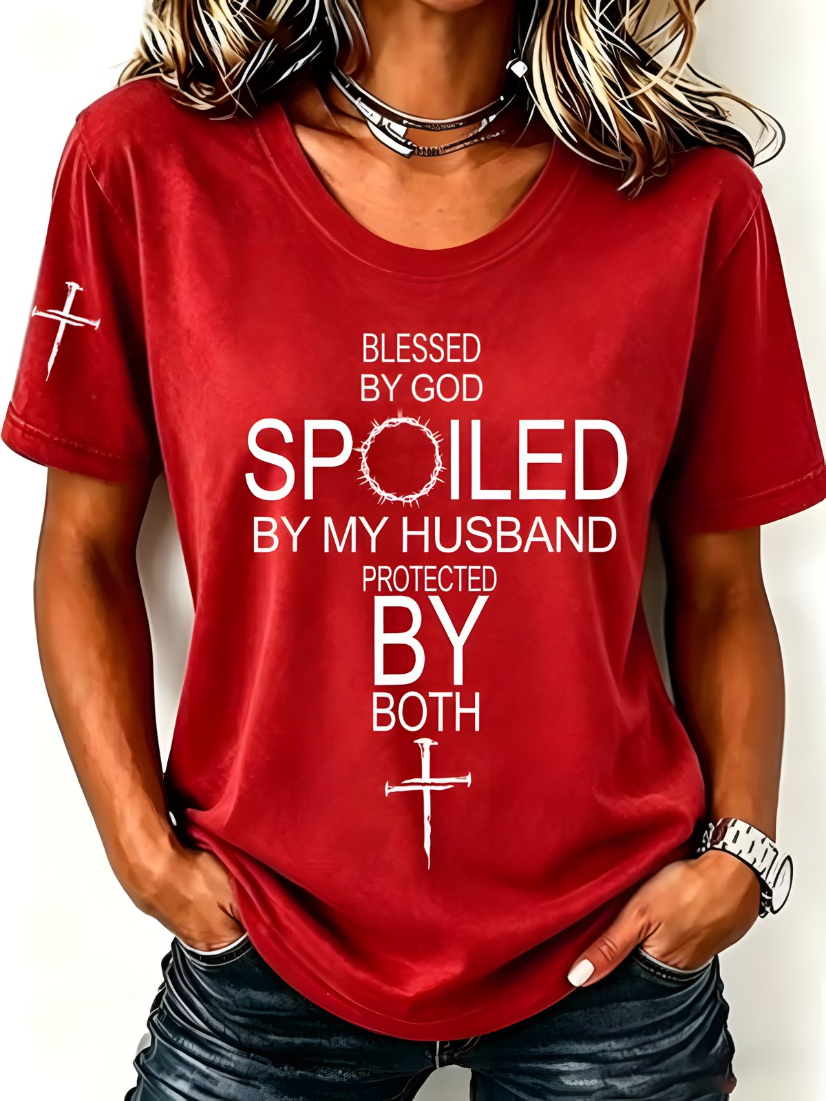 Women's Red Blessed by God Spoiled by My Husband Faith Print T-Shirt