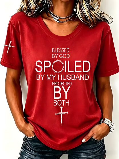 Women's Red Blessed by God Spoiled by My Husband Faith Print T-Shirt