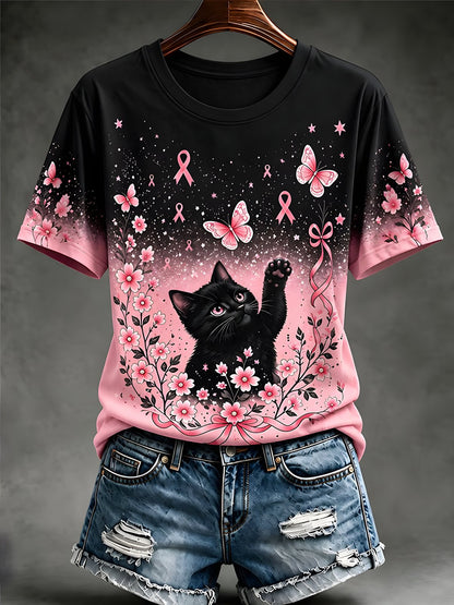 Pink and black breast cancer awareness T-shirt with a black cat, pink butterflies, flowers and ribbon motifs