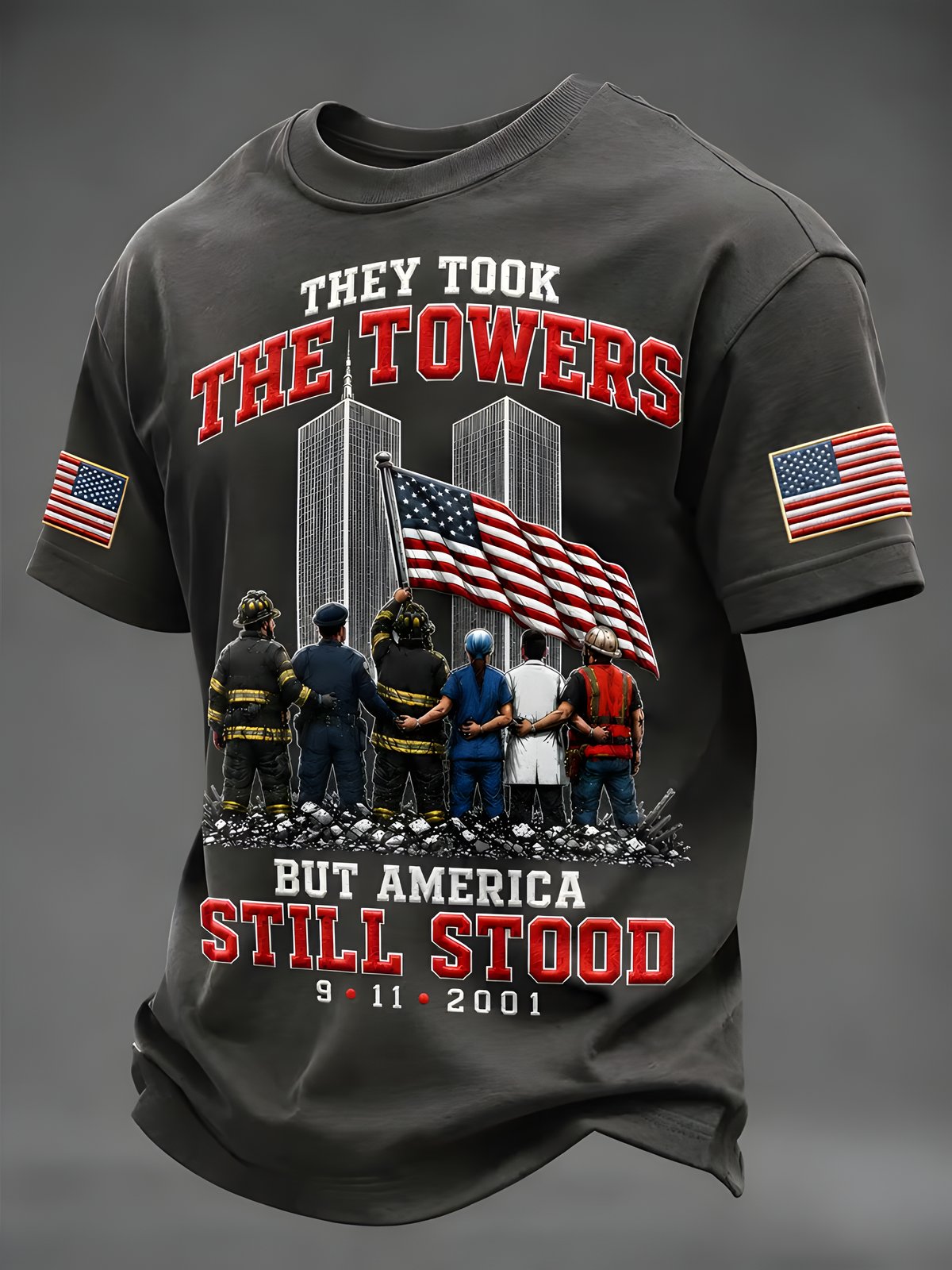 Men's 9/11 Never Forget memorial T-shirt with twin towers, American flag and first responders print
