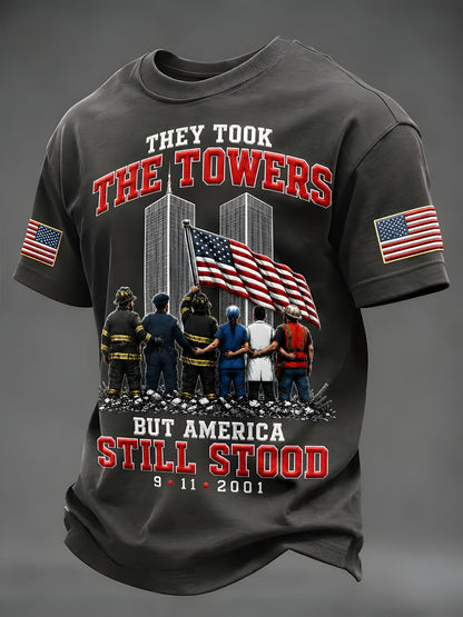 Men's 9/11 Never Forget memorial T-shirt with twin towers, American flag and first responders print