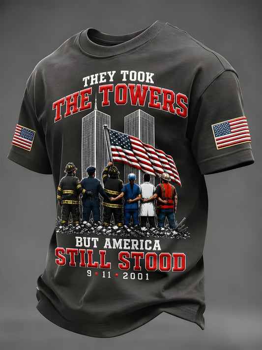 Men's 9/11 Never Forget memorial T-shirt with twin towers, American flag and first responders print