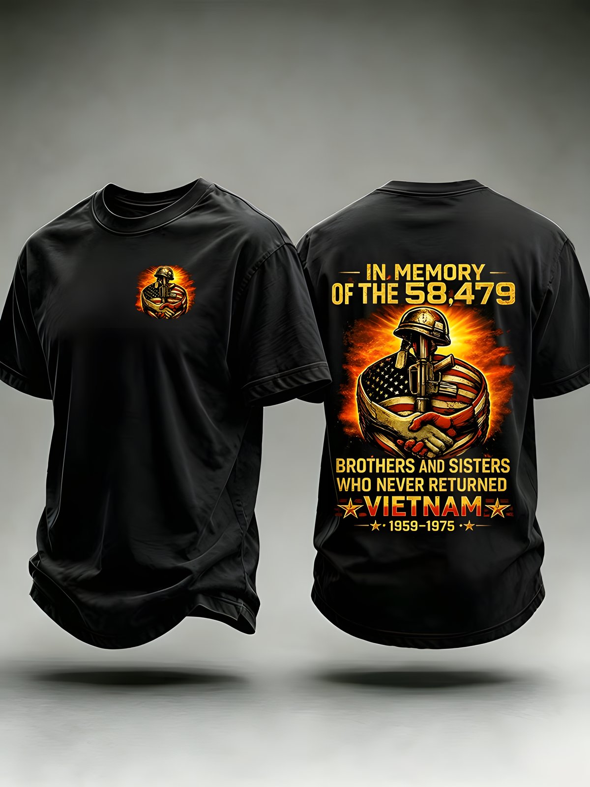 Black Vietnam memorial tribute T-shirt with front and back graphics