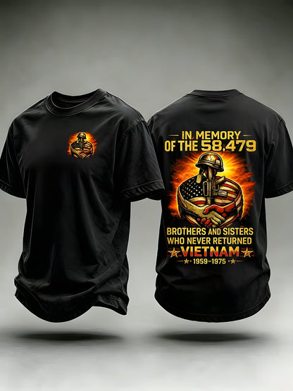 Black Vietnam memorial tribute T-shirt with front and back graphics