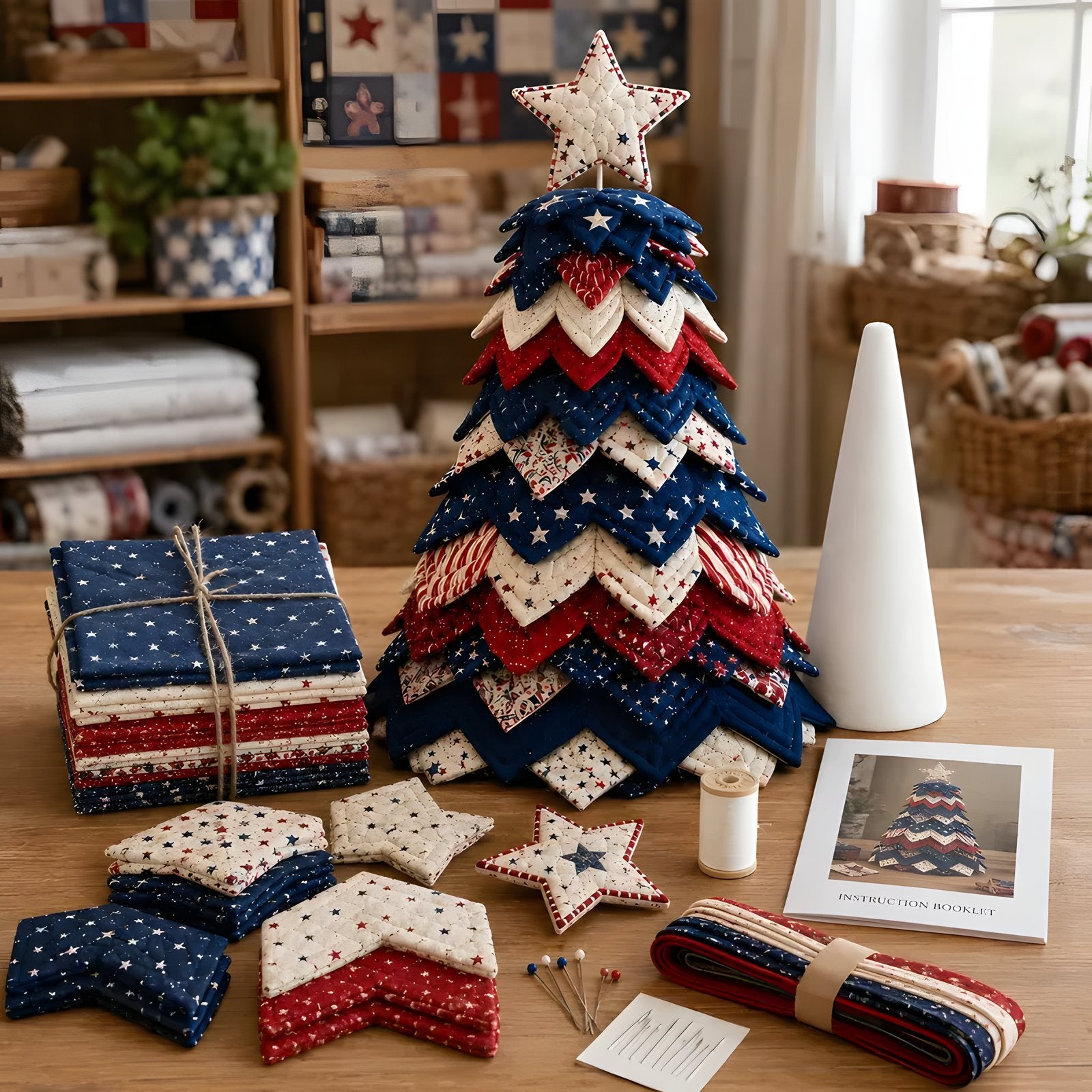 Americana Christmas Tree quilt kit finished, red white and blue layered fabric
