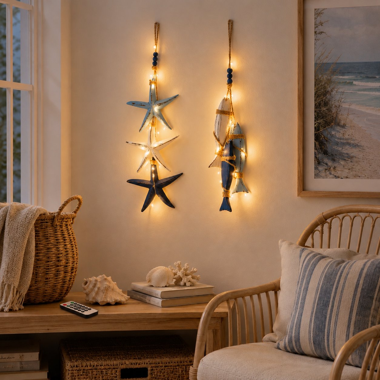 Coastal wooden starfish fish hanging decor classic style living room