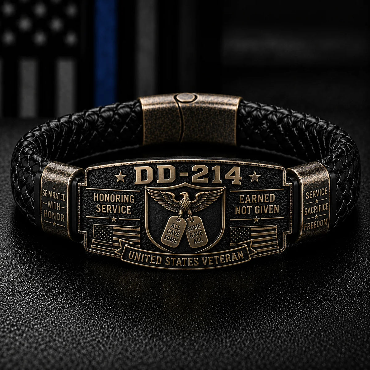 DD-214 Veteran Honor Bracelet — braided leather with engraved dog tag centerpiece, eagle and American flag details