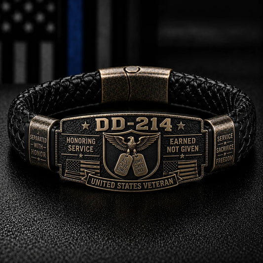 DD-214 Veteran Honor Bracelet — braided leather with engraved dog tag centerpiece, eagle and American flag details