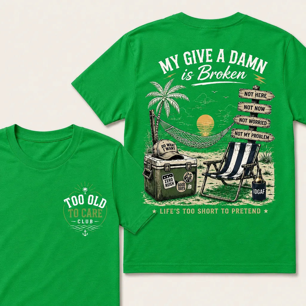 Too Old To Care Club white beach graphic t-shirt