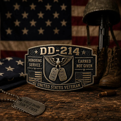 DD-214 Veteran Honor Belt Buckle antique bronze detail with dog tags