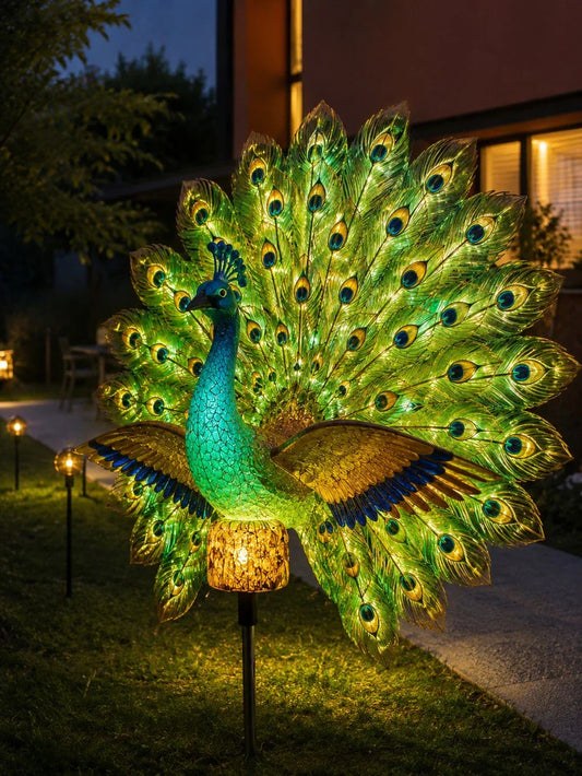 Solar peacock garden sculpture with glowing kinetic tail feathers at night