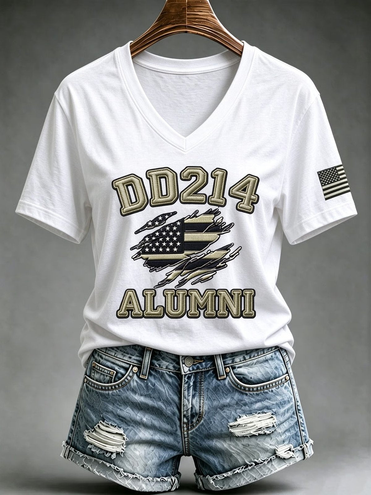White women's DD-214 Alumni veteran V-neck T-shirt with flag graphic