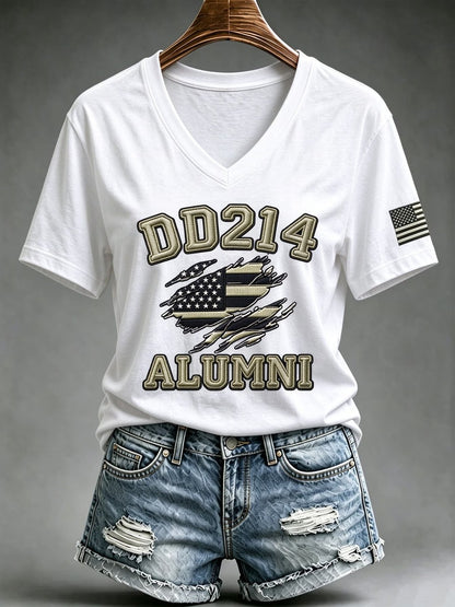 White women's DD-214 Alumni veteran V-neck T-shirt with flag graphic