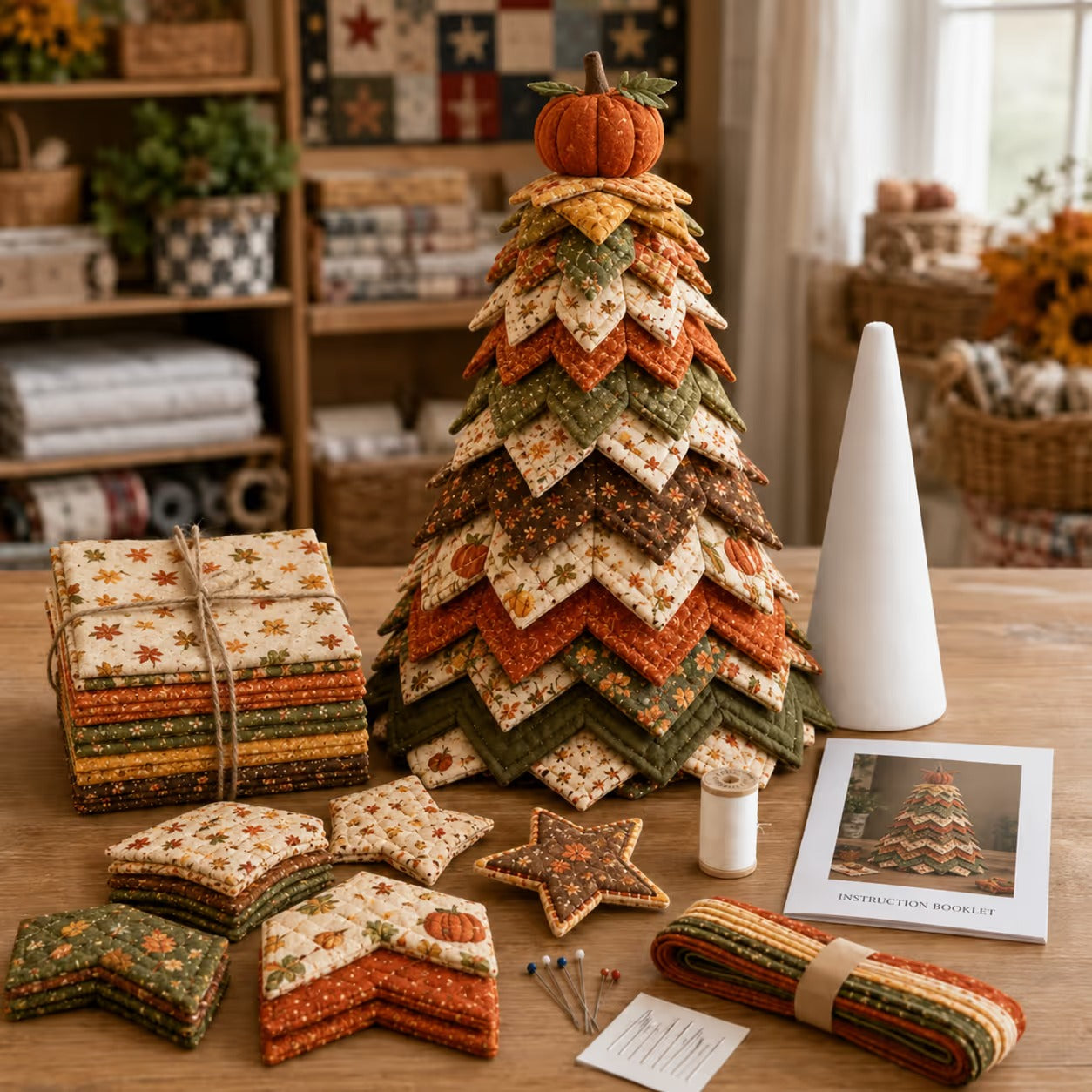 Autumn Harvest layered fabric quilt tree with pumpkin topper