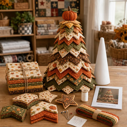 Autumn Harvest layered fabric quilt tree with pumpkin topper