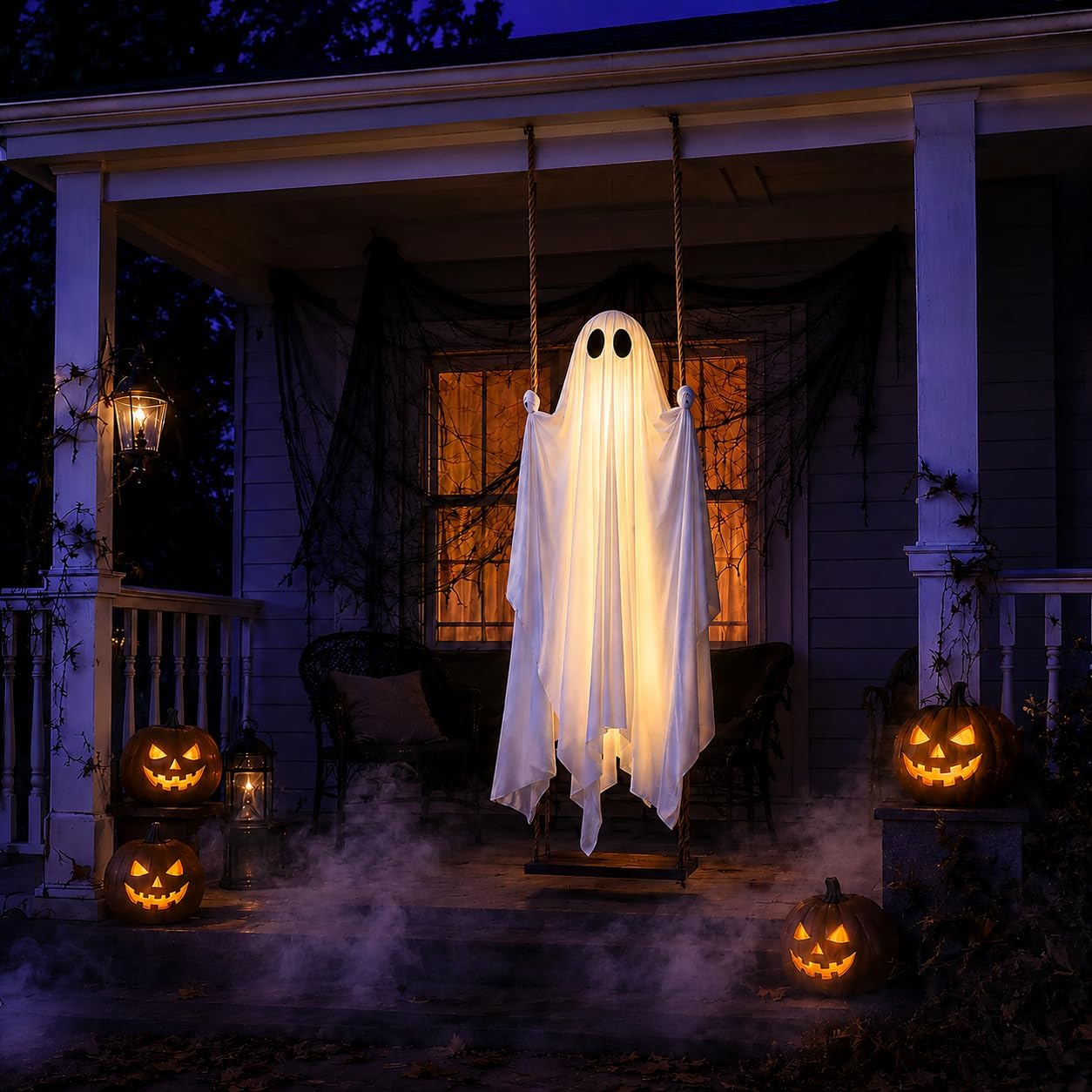 Swinging ghost Halloween decoration hanging on porch with jack-o-lanterns