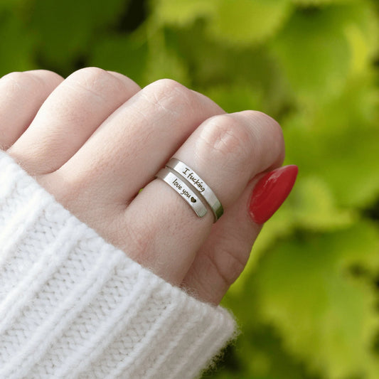 engraved I love you ring on finger