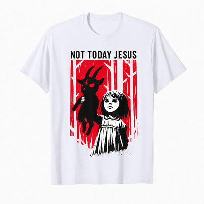 White Not Today Jesus gothic goat graphic T-shirt with red woodland artwork