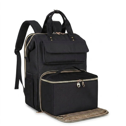 Modern lunch backpack in Black with the front lunch compartment open